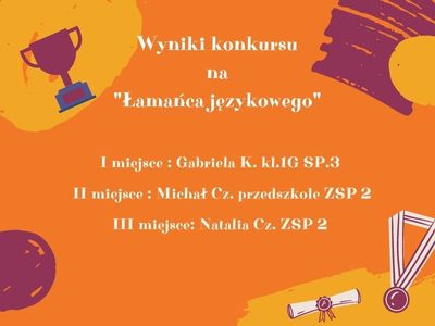 Plakat z ogłoszeniem wyników konkursu na łamańca językowego.