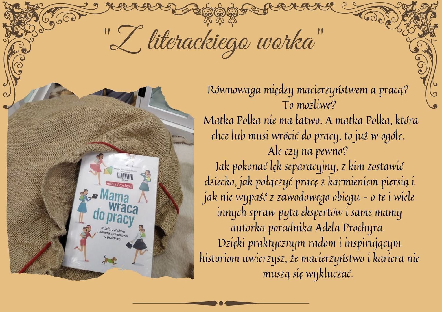 Plakat informujący o polecanej pozycji z cyklu "Z literackiego worka"