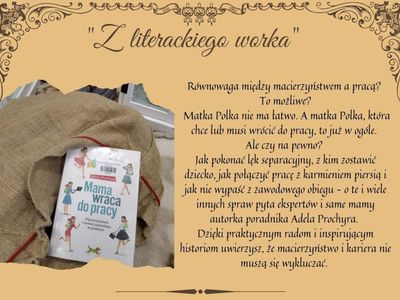 Plakat informujący o polecanej pozycji z cyklu "Z literackiego worka"