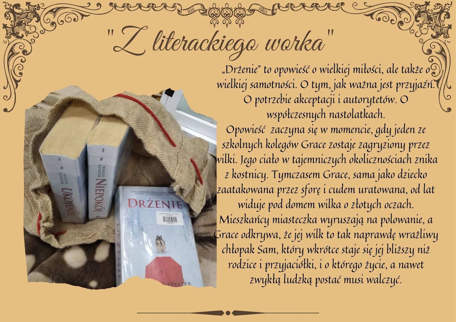 Plakat informujący o kolejnej pozycji książkowej polecanej w cyklu "Z literackiego worka".