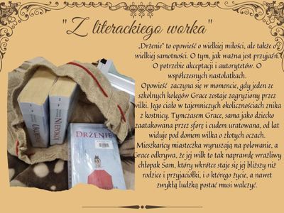 Plakat informujący o kolejnej pozycji książkowej polecanej w cyklu "Z literackiego worka".