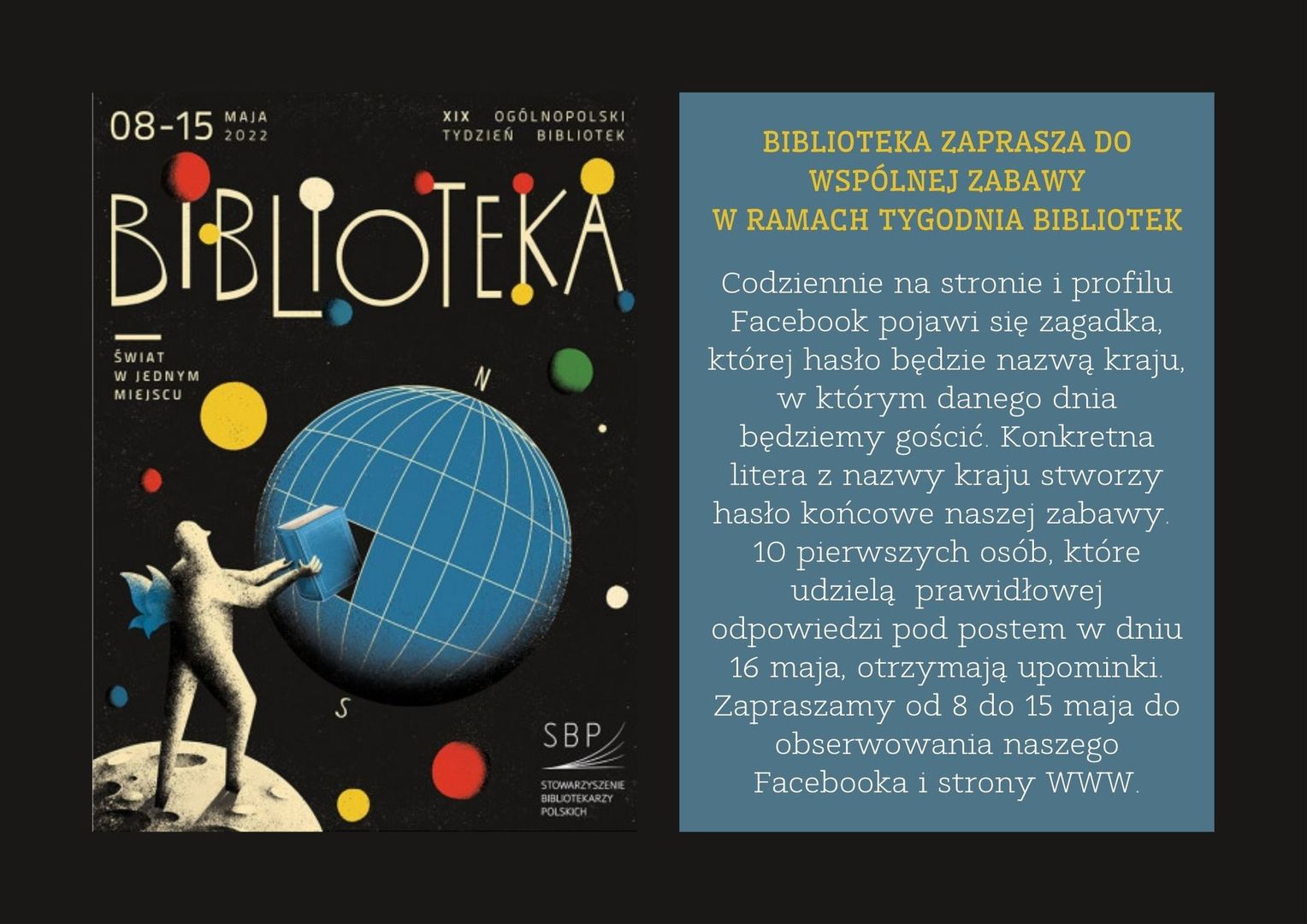 plakat informujący o zabawie w Ramach Tygodnia Bibliotek