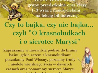 Na zielonym tle widać góry oraz postaci Królowej Tatry, Koszałka Opałka i sierotki Marysi z gąskami.