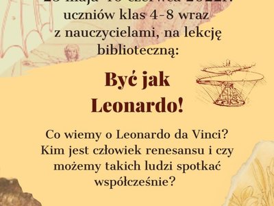Na beżowym tle znajdują się fragmenty prac Leonarda da Vinci- projekty maszyn latających oraz grafiki.