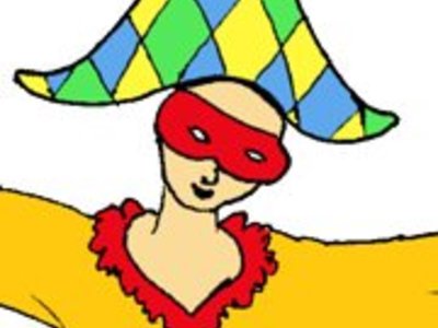 postać_arlekina_w_kolorowym_stroku_czapce_i_masce_na_oczach