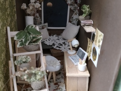 Book nook - mebelki, kwiaty, pokoik z łóżkiem