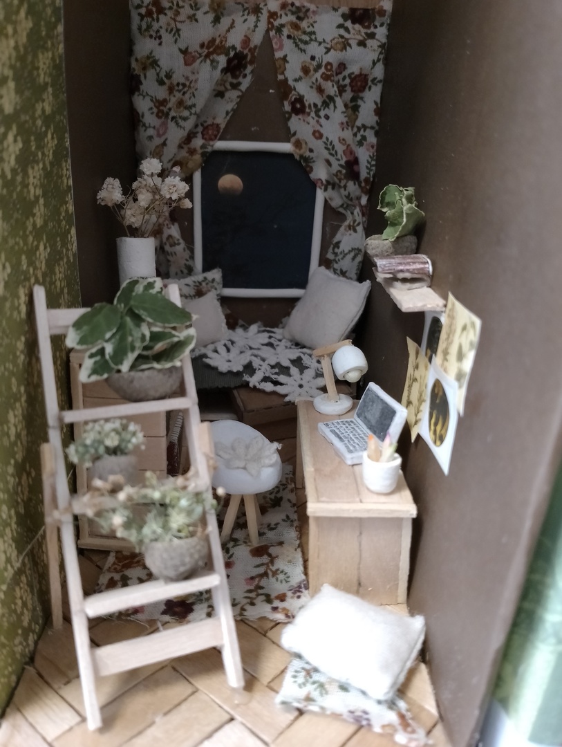 Book nook - mebelki, kwiaty, pokoik z łóżkiem