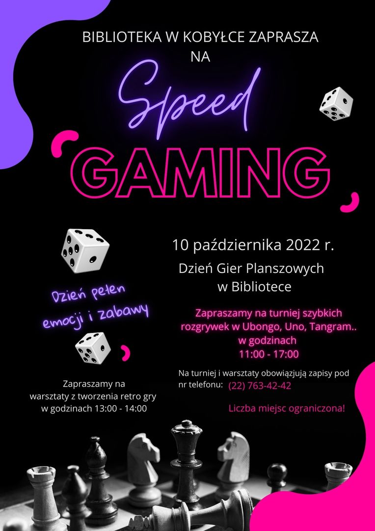 Plakat informujący o zapisach na turniej gier planszowych i warsztaty robienia retro gry.