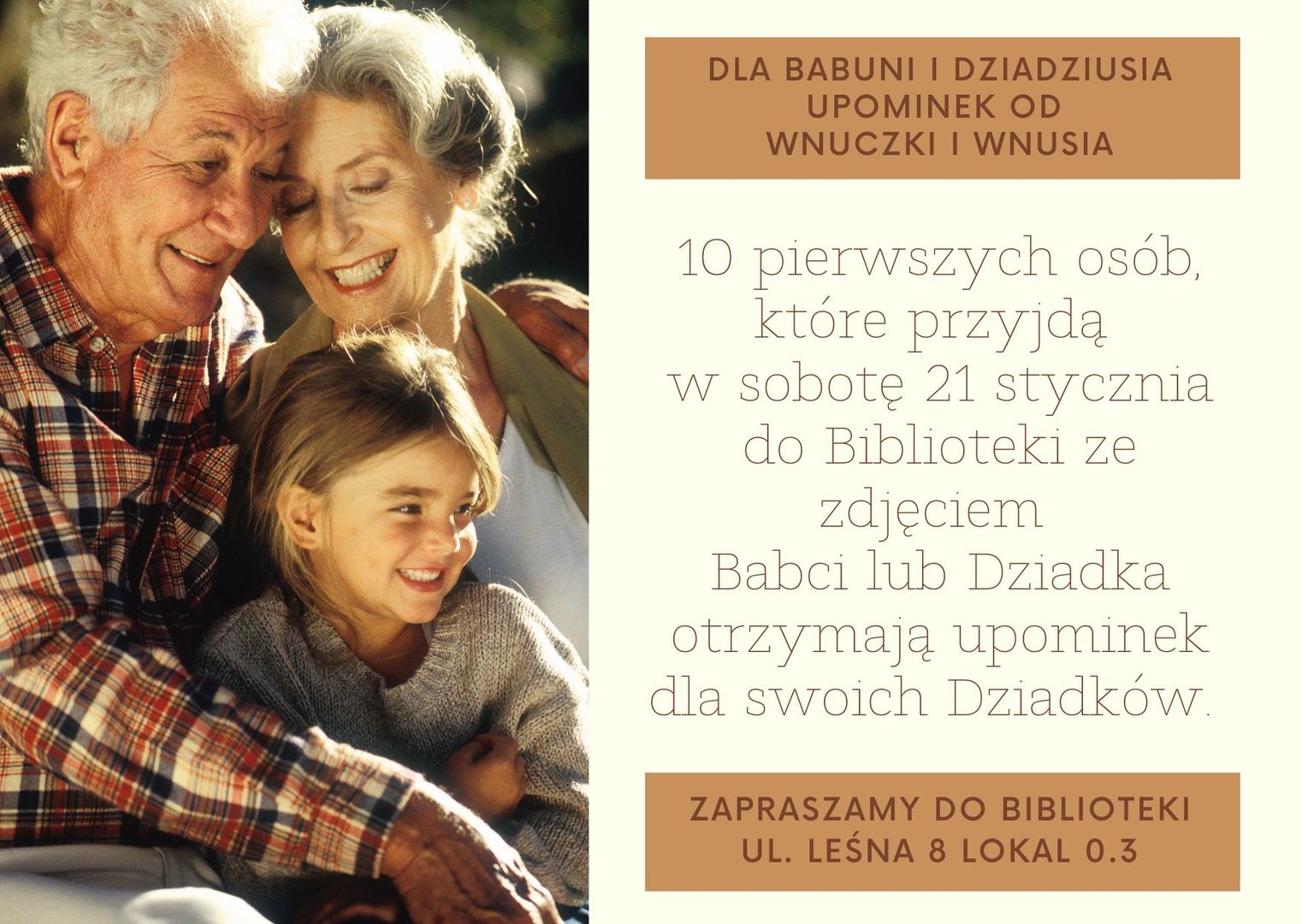 Grafika promująca akcję trwającą w Bibliotece z okazji Dni Babci i Dziadka