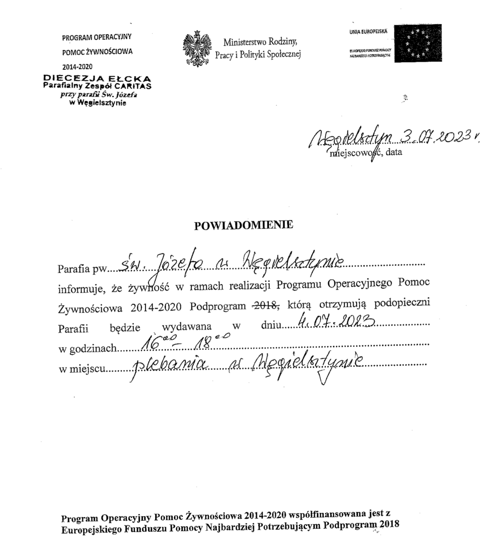 Powiadomienie o wydawaniu żywności Węgielsztyn