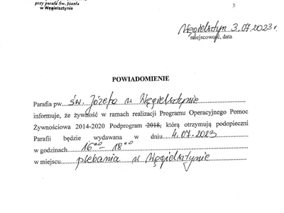 Powiadomienie o wydawaniu żywności Węgielsztyn