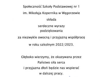 Podziękowania od Szkoły Podstawowej nr 1 w Węgorzewie