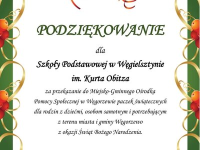 Podziękowania dla Szkoły Podstawowej w Węgielsztynie