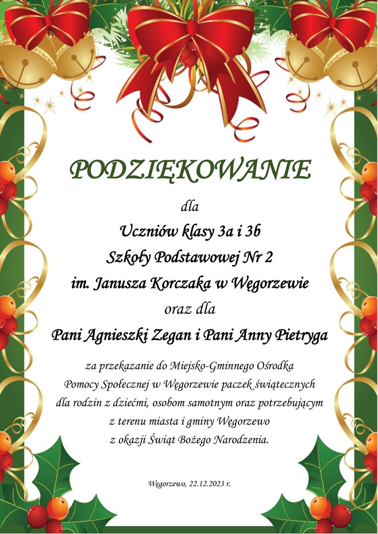 Podziękowania dla Szkoły Podstawowej Nr 2 w Węgorzewie