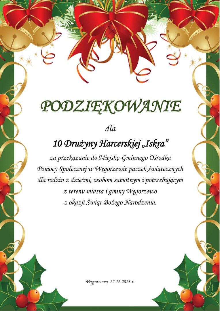 Podziękowania dla 10 Drużyny Harcerskiej „Iskra”