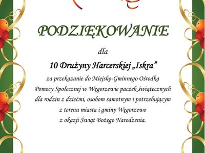 Podziękowania dla 10 Drużyny Harcerskiej „Iskra”