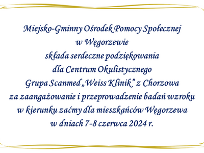 Podziękowanie dla Centrum Okulistycznego Grupa Scanmed „Weiss Klinik”