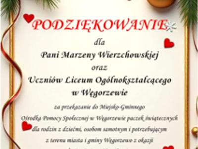 Podziękowania dla Liceum Ogólnokształcącego w Węgorzewie