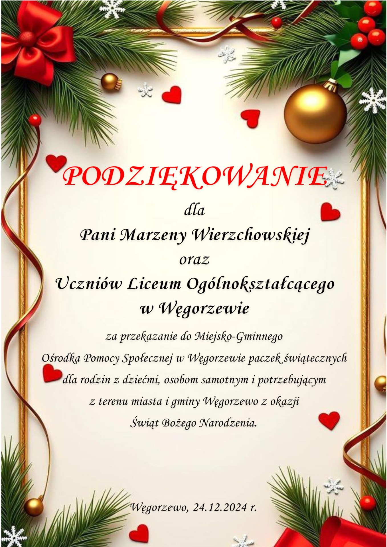 Podziękowania dla Liceum Ogólnokształcącego w Węgorzewie
