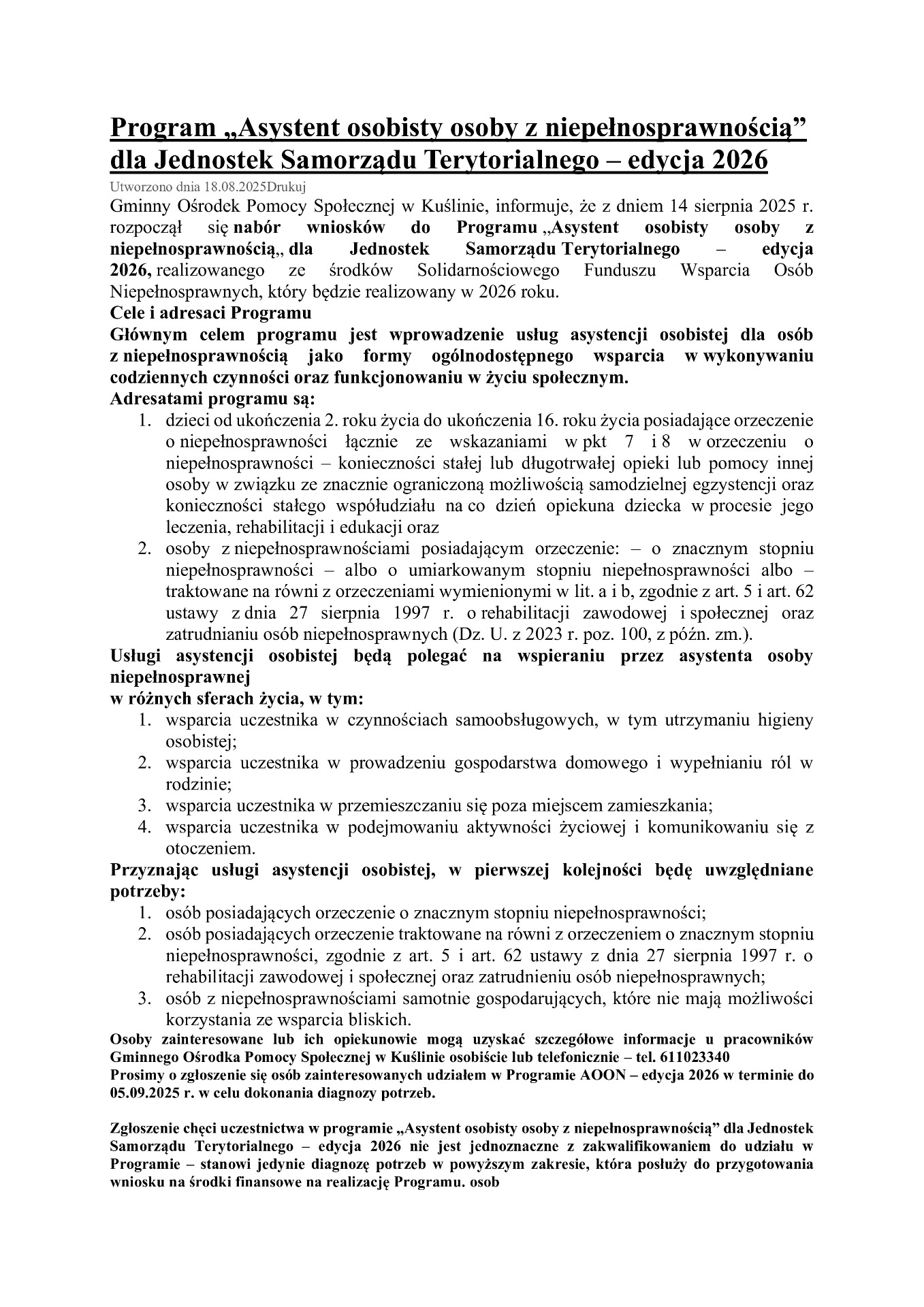 Program "Asystent osobisty osoby z niepełnosprawnością" Edycja 2026
