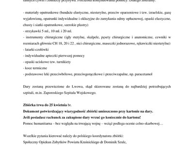 Pismo przewodnie z listą potrzebnych produktów medycznych