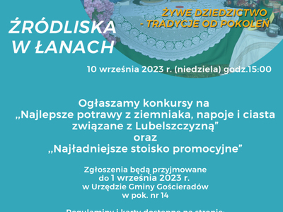 Informacja o konkursach organizowanych podczas EDD 2023: na stoisko z elementami regionalnymi, na potrawę z ziemniaka, ciasto i napój. Termin zgłoszeń do 1 września w pok. 14