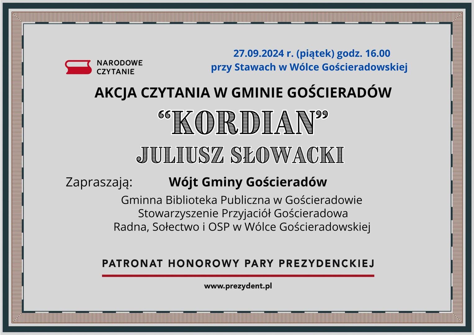 plakat: Akcja czytania lektury "Kordian" Juliusza Słowackiego.