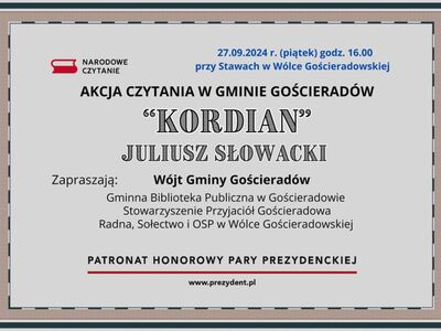 plakat: Akcja czytania lektury "Kordian" Juliusza Słowackiego.
