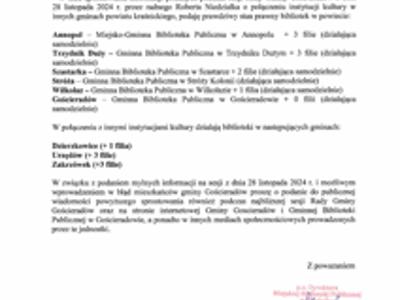 Pismo P.O. Dyrektora Miejskiej Biblioteki Publicznej w Kraśniku Pani Ewy Kapusty w sprawie sprostowania informacji podanych podczas sesji Rady Gminy Gościeradów z dnia 28 listopada 2024 r.