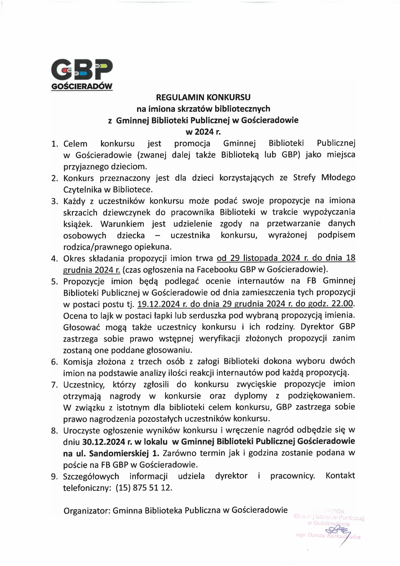 Regulamin konkursu na imiona skrzatów bibliotecznych' 2024