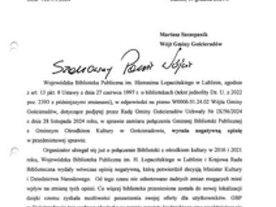 część 1 Pisma Dyrektora Wojewódzkiej Biblioteki Publicznej im. Hieronima Łopacińskiego w Lublinie w sprawie wydania negatywnej opinii o zamiarze połączenia instytucji kultury