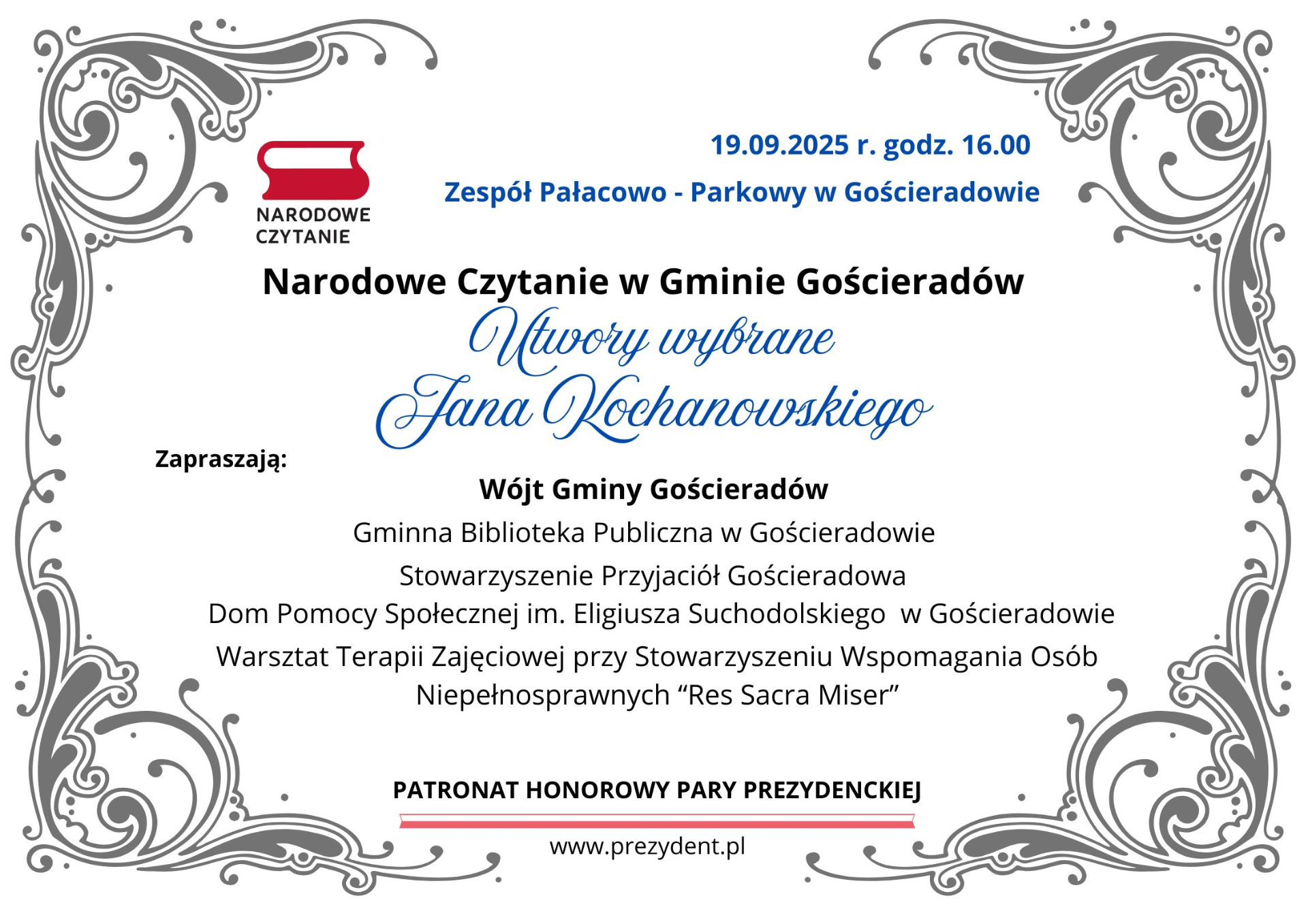 Plakat informujący o Narodowym Czytaniu w Gminie Gościeradów