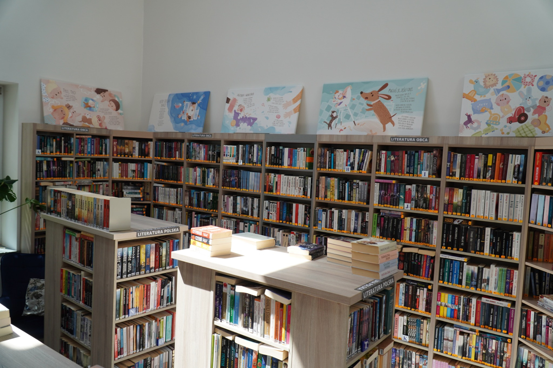 Widok na wystawę ilustracji ustawioną na regałach bibliotecznych.