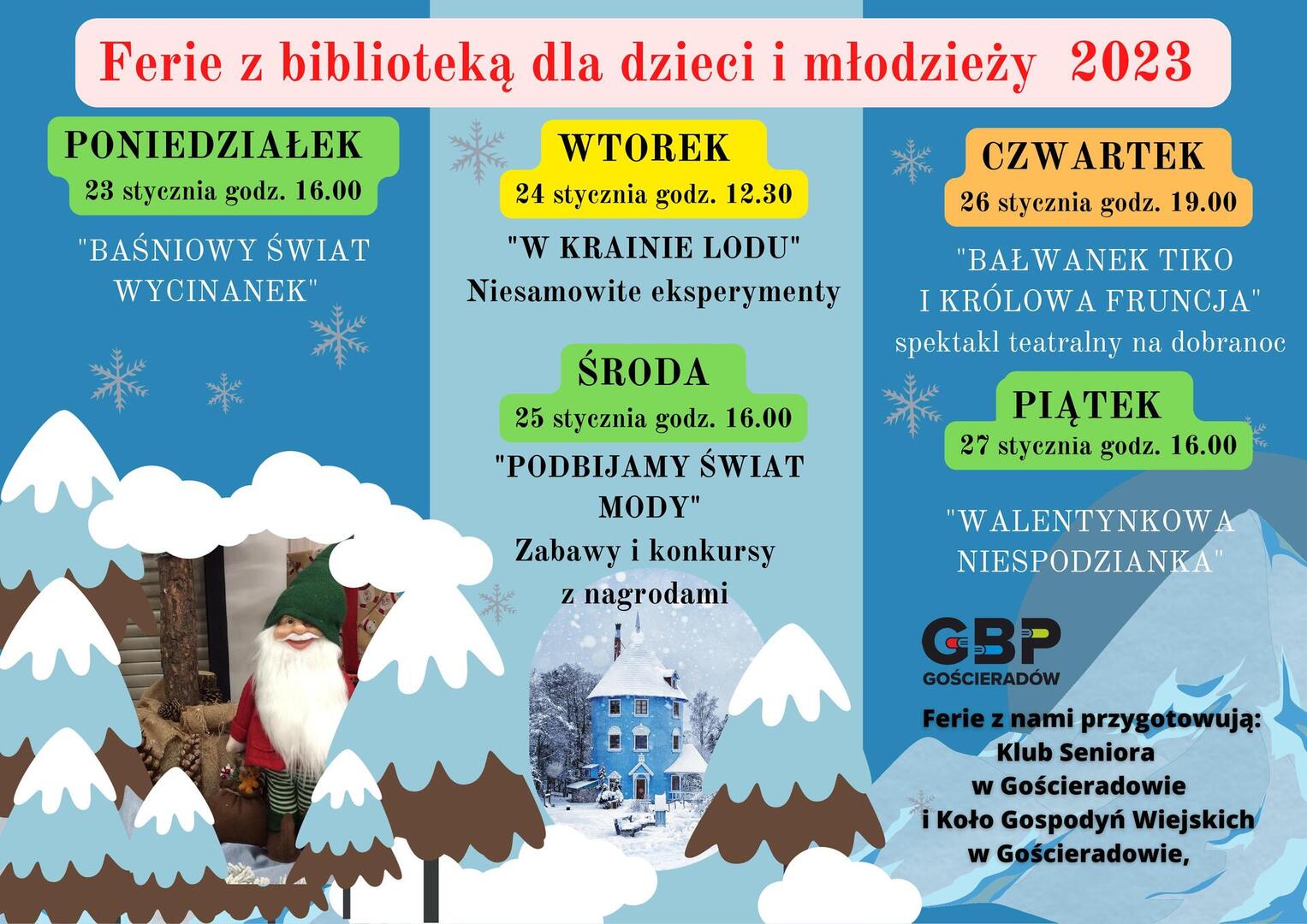 Program ferii zimowych 2023 w bibliotece oraz organizatorzy