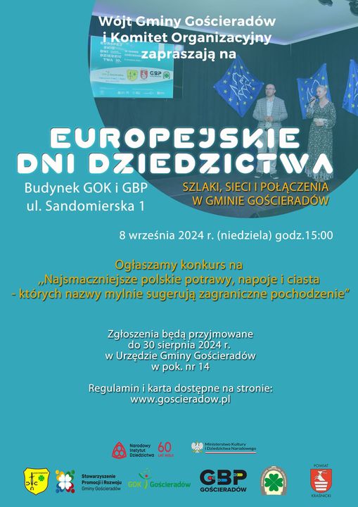 Plakat zwiastujący wydarzenie "Szlaki, sieci , połączenia w gminie Gościeradów". Termin 8 września 2024 r. godz. 15.00