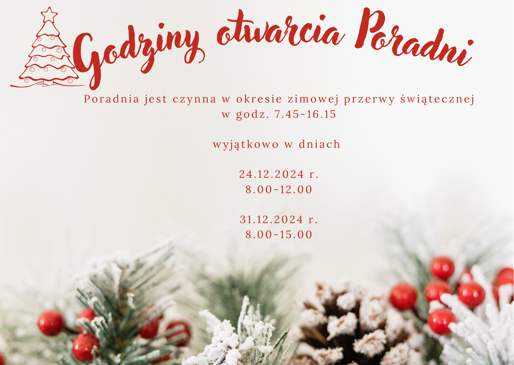 Godziny otwarcia poradni w okresie zimowej przerwy świątecznej