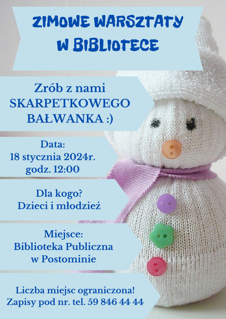 plakat zaproszenie na warsztaty- bałwanki ze skarpety
