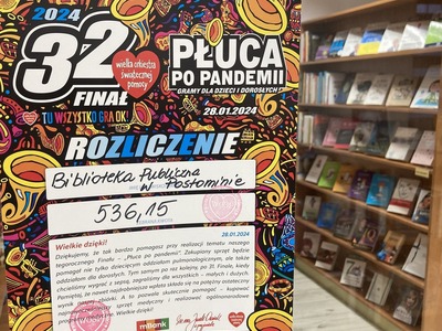 plakat informujący o kwocie zebranej na rzecz WOŚP