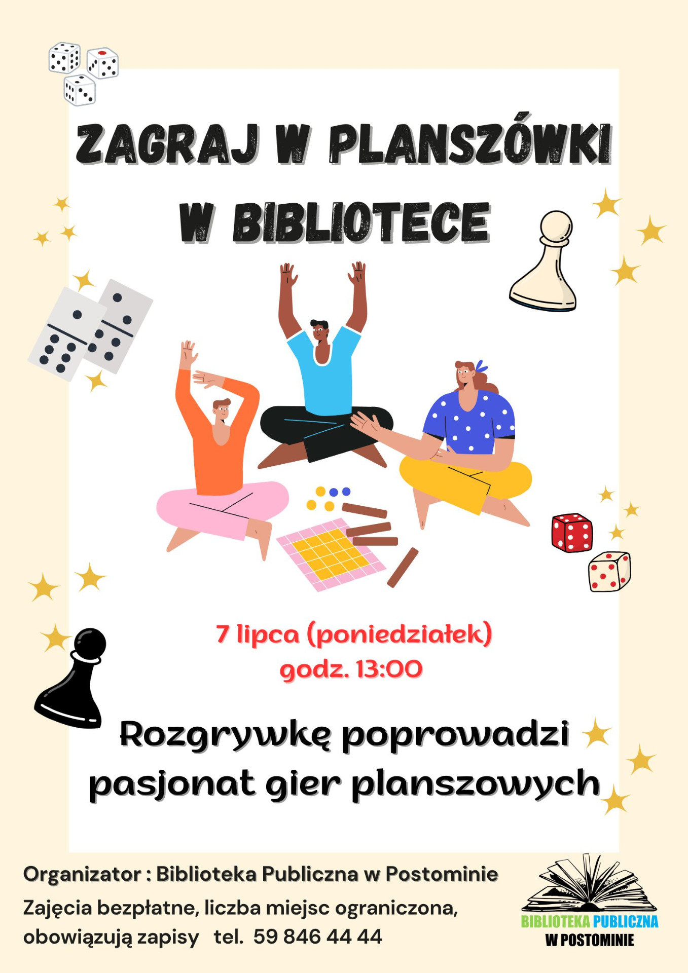plakat zapraszający na planszówki w bibliotece