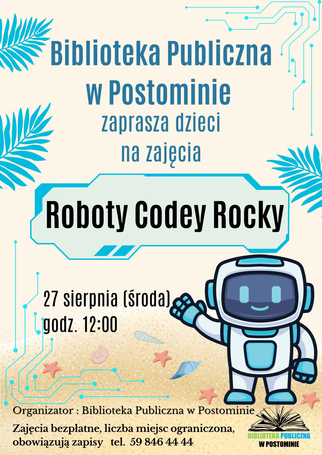 plakat - roboty codey Rocky w bibliotece