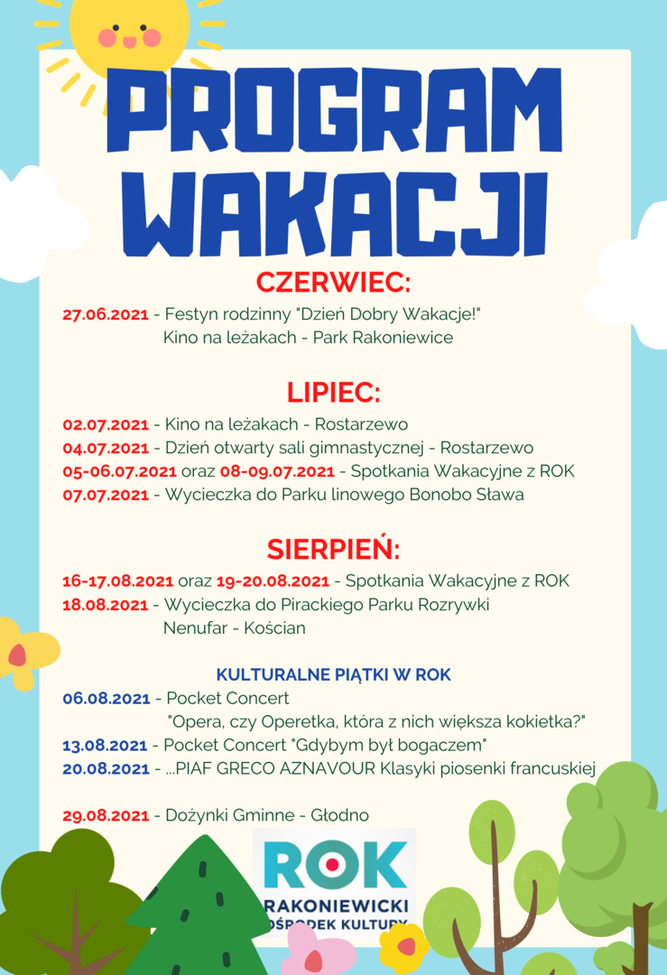 Infografika przedstawiam plan wakacji organizowanych przez Rakoniewicki Ośrodek Kultury
