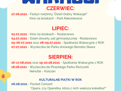 Infografika przedstawiam plan wakacji organizowanych przez Rakoniewicki Ośrodek Kultury