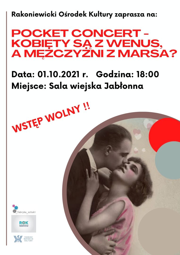 PLAKAT INFORMACYJNY NA POCKET CONCERT "KOBIETY SĄ Z WENUS, A MĘŻCZYŻNI Z MARSA"