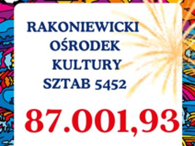 Zdjęcie przedstawia kwotę zebraną przez Rakoniewicki Ośrodek Kultury na rzecz WOŚP - 87001,93 zł