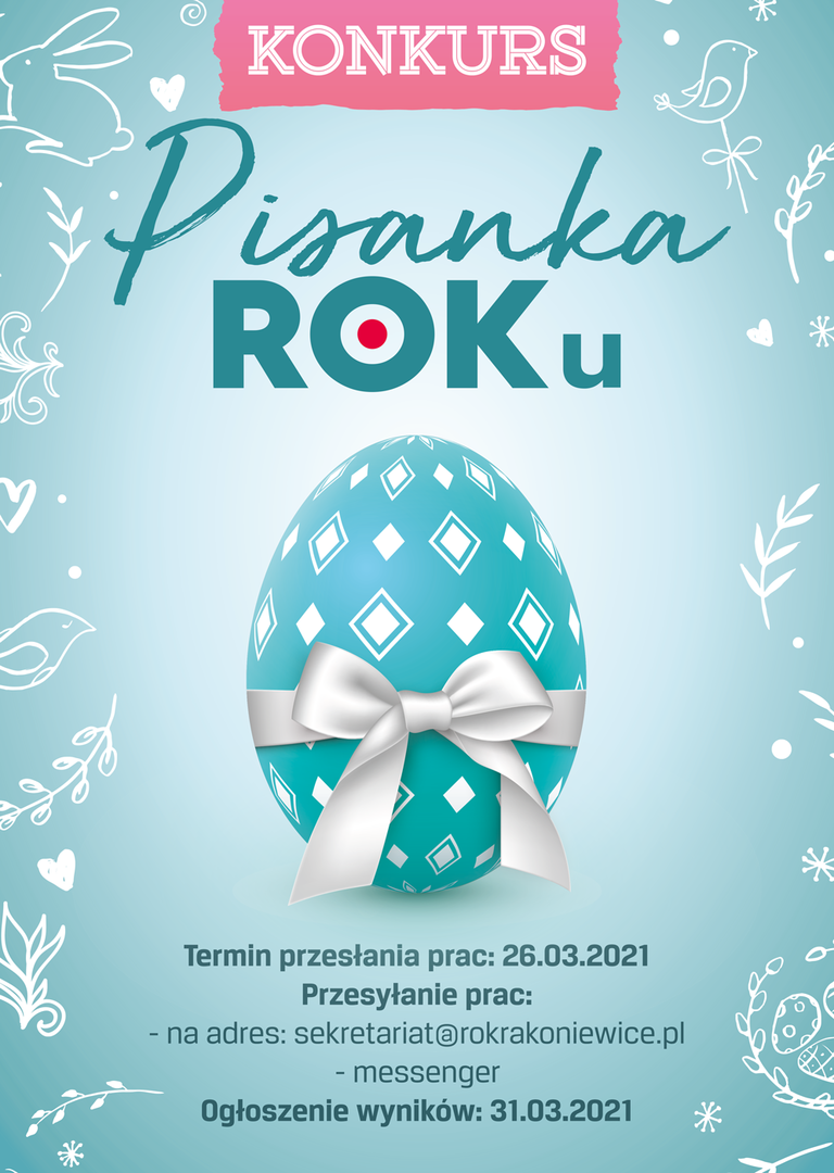 Zdjęcie plakatu konkursowego niebieskiej pisanki z kokardą na niebieskim tle.
