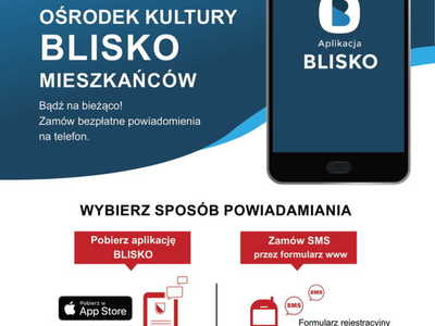 Ulotka dotycząca aplikacji mobilnej Rakoniewickiego Ośrodka Kultury "BLISKO" 1 strona
