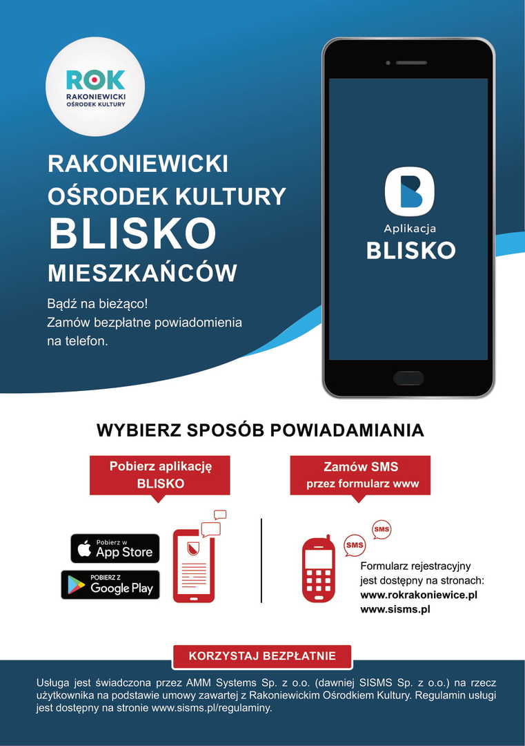 Ulotka dotycząca aplikacji mobilnej Rakoniewickiego Ośrodka Kultury "BLISKO" 1 strona