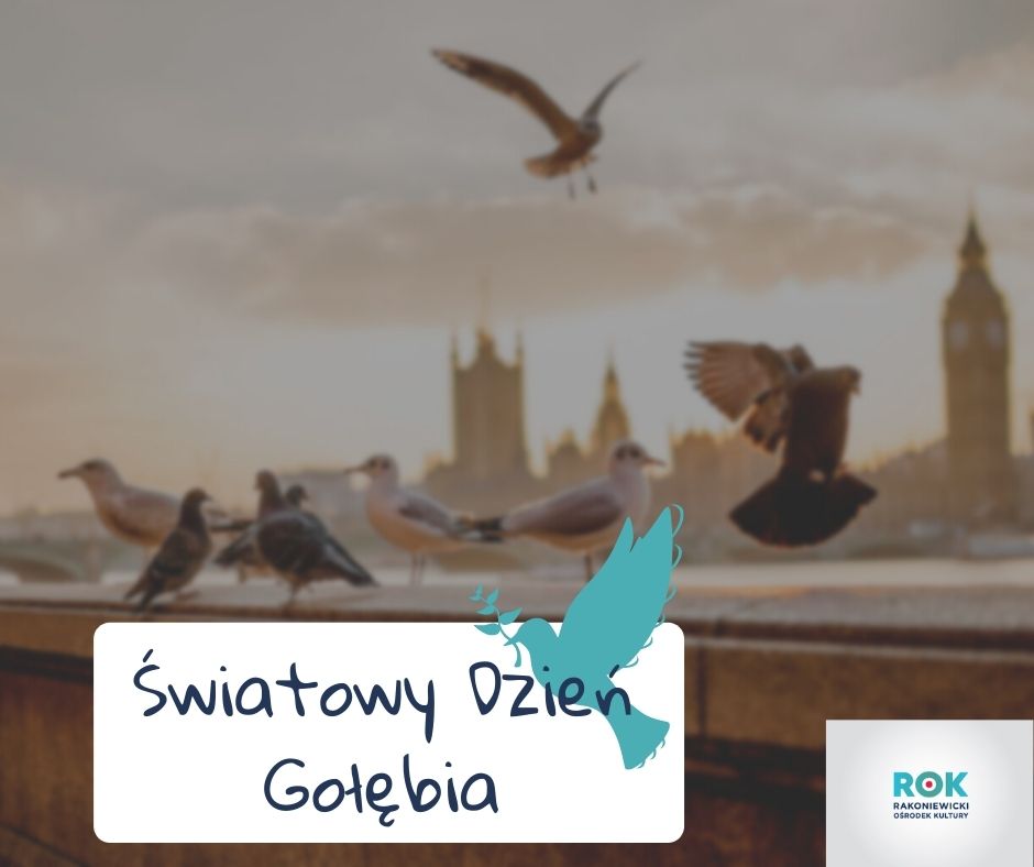 Grafika przedstawia  sześć gołębi w tle Londyn