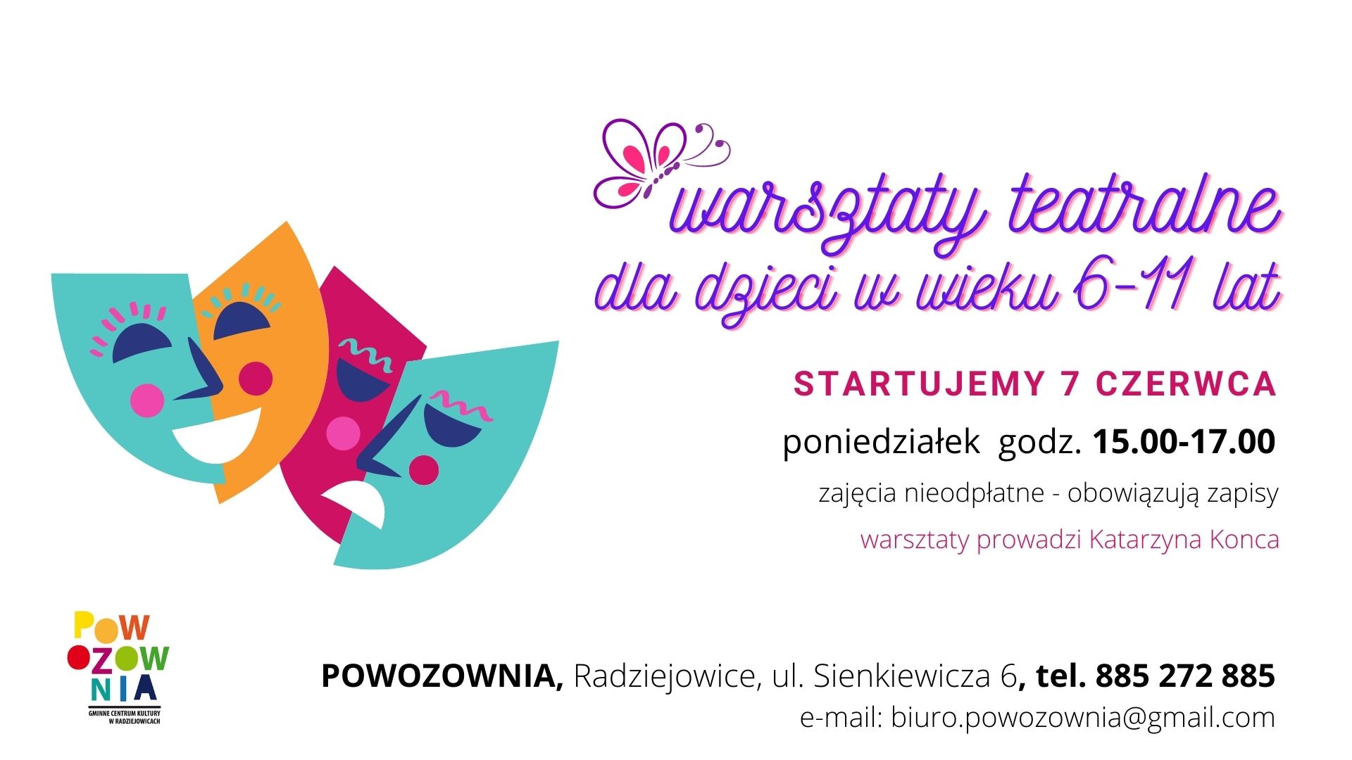 Plakat informujący o poniedziałkowych warsztatach teatralnych dla dzieci.