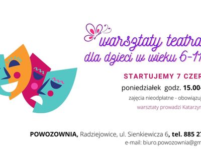 Plakat informujący o poniedziałkowych warsztatach teatralnych dla dzieci.